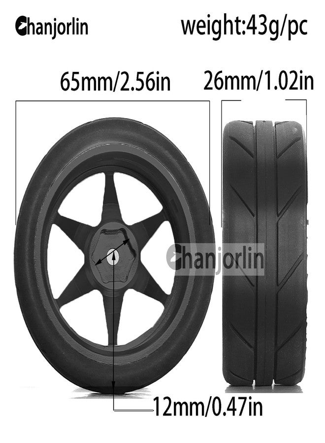 Chanjorlin 1/10 On Road Tires and Aluminum Wheels 12mm Hex RC Rally Racing Tyres OD 2.56" for Tamiya TT01 TT02 XV01 TA06 A959 PTG2 HPI KYOSHO PTG2 Traxxas 1:10 Street Touring Drift Car 4PCS (Black) - Image 2